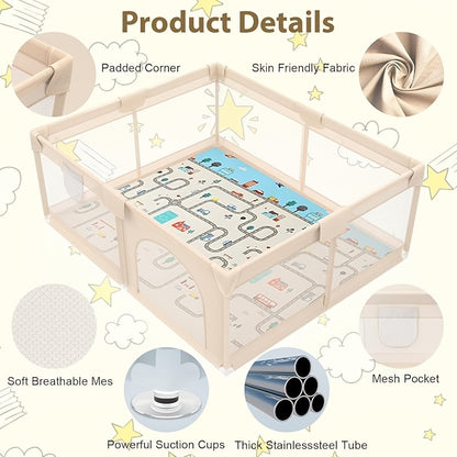 Baby Playpen Fence with Soft Breathable Mesh, Indoor Outdoor Kids Activity Enclosure in Gray or Beige with Size and Mat Bundle Options