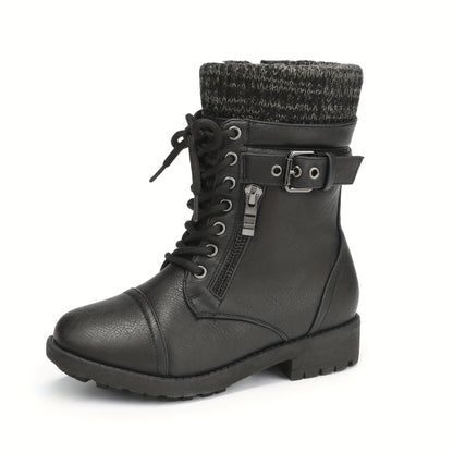 Girls' Lace-Up Western Boots, Mid-Calf Cowboy Style with Round Toe, PU/Fabric Upper and TPR Sole for Fall & Winter, Toddler, Little Kid & Big Kid Sizes