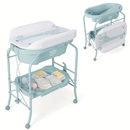 Folding Baby Changing Table with Bathtub and Wheels, Portable Diaper Station and Storage Shelf for Infants 0-12 Months, Space-Saving Rolling Nursery Cart with Weight Capacity, Blue