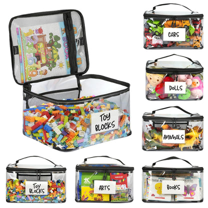 Clear Toy Storage Bags 6-Pack with Zippers and Labels, Reusable TPU Organizers for Building Blocks, Puzzles, Dolls and Board Games at Home or Away