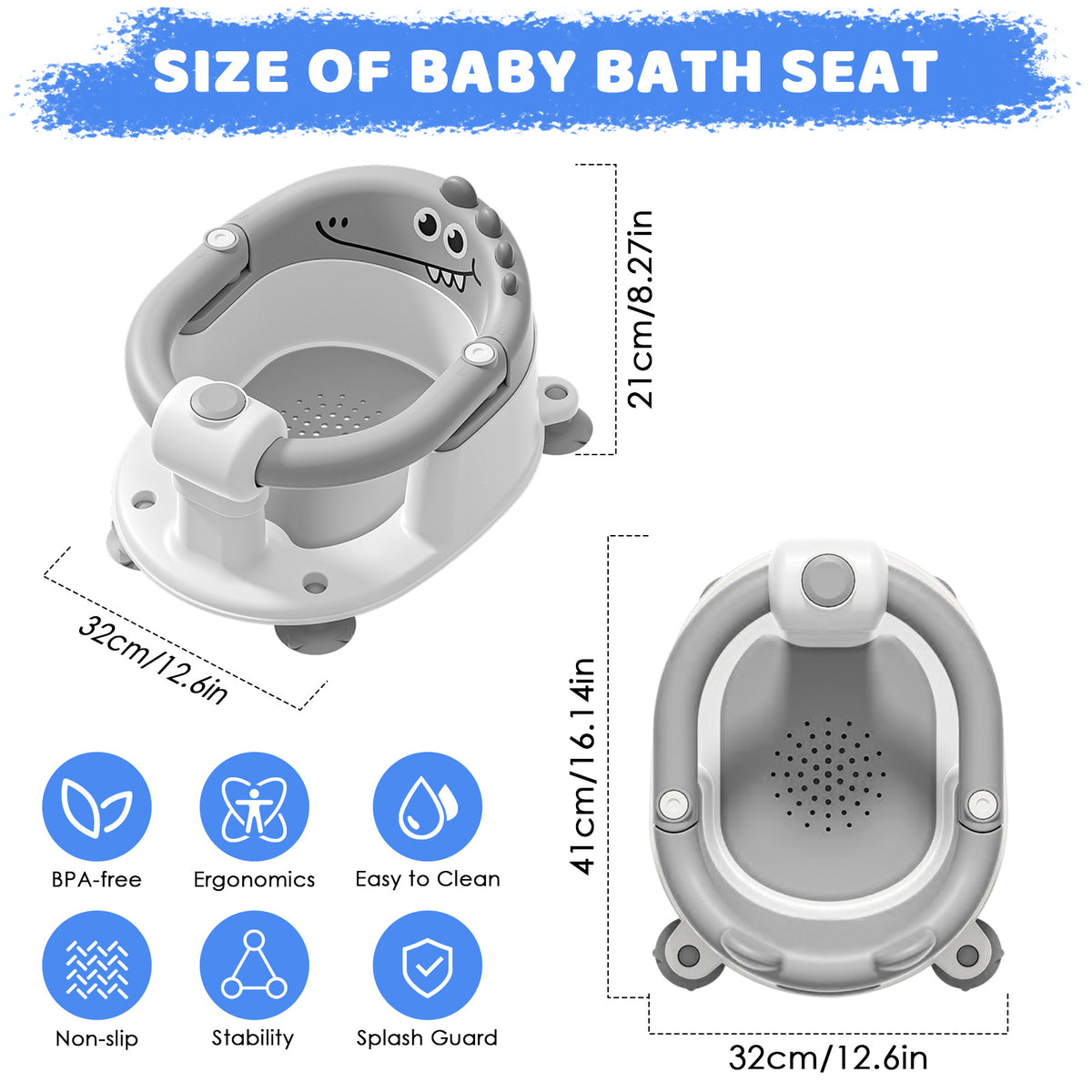Dinosaur Infant Bath Chair with Soft Cushion and Suction Cups, Non-Slip Baby Bath Seat for Independently Sitting Babies 6 Months and Up with Adult Supervision