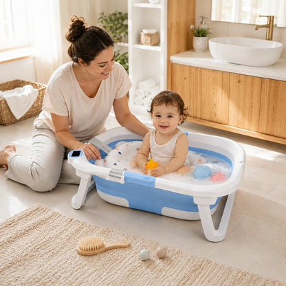 Space-Saving Baby Bath Tub with Soft Cushion and Thermometer, Foldable Portable Bathtub for Supervised Bath Time at Home and Travel