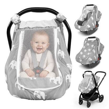 Stretchy Infant Carrier Cover with Large Window, Beavtaens Breathable Baby Car Seat Canopy in Elephant, Flower, Leaves, Rainbow or Sun Prints