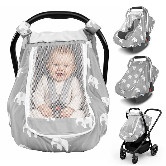 Stretchy Infant Carrier Cover with Large Window, Beavtaens Breathable Baby Car Seat Canopy in Elephant, Flower, Leaves, Rainbow or Sun Prints