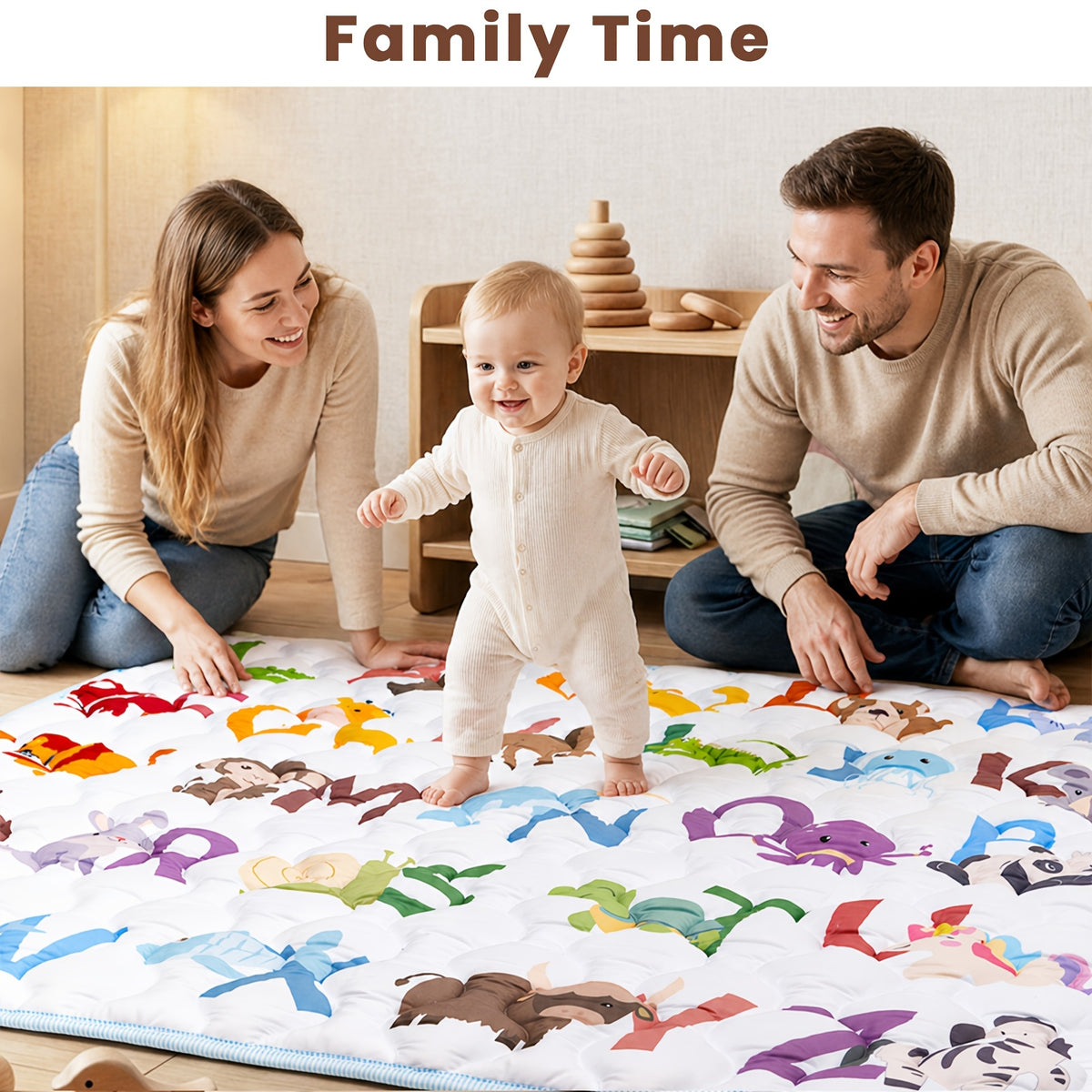 Patterned Baby Floor Mat 50 x 50 Inches, Soft Washable Playpen and Crawling Surface with Anti-Slip Bottom for Tummy Time and Supervised Indoor Play