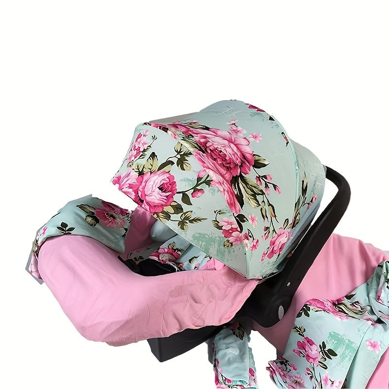 Infant Car Seat Cover Set with Canopy and Nursing Cover, Floral Baby Carrier Accessories with Blanket, Hat and Belt Covers for Travel and Gifting