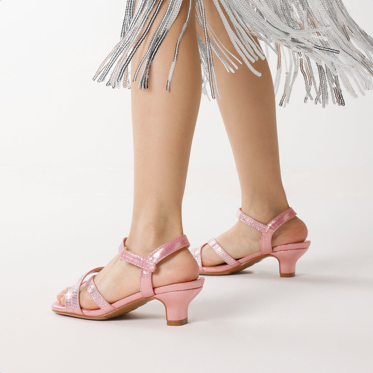 Floral Girls Low Heel Sandals with Open Toe Design, Dress Shoes for Little and Big Kids in Gold, Rose Gold, Silver or White for Weddings and Parties