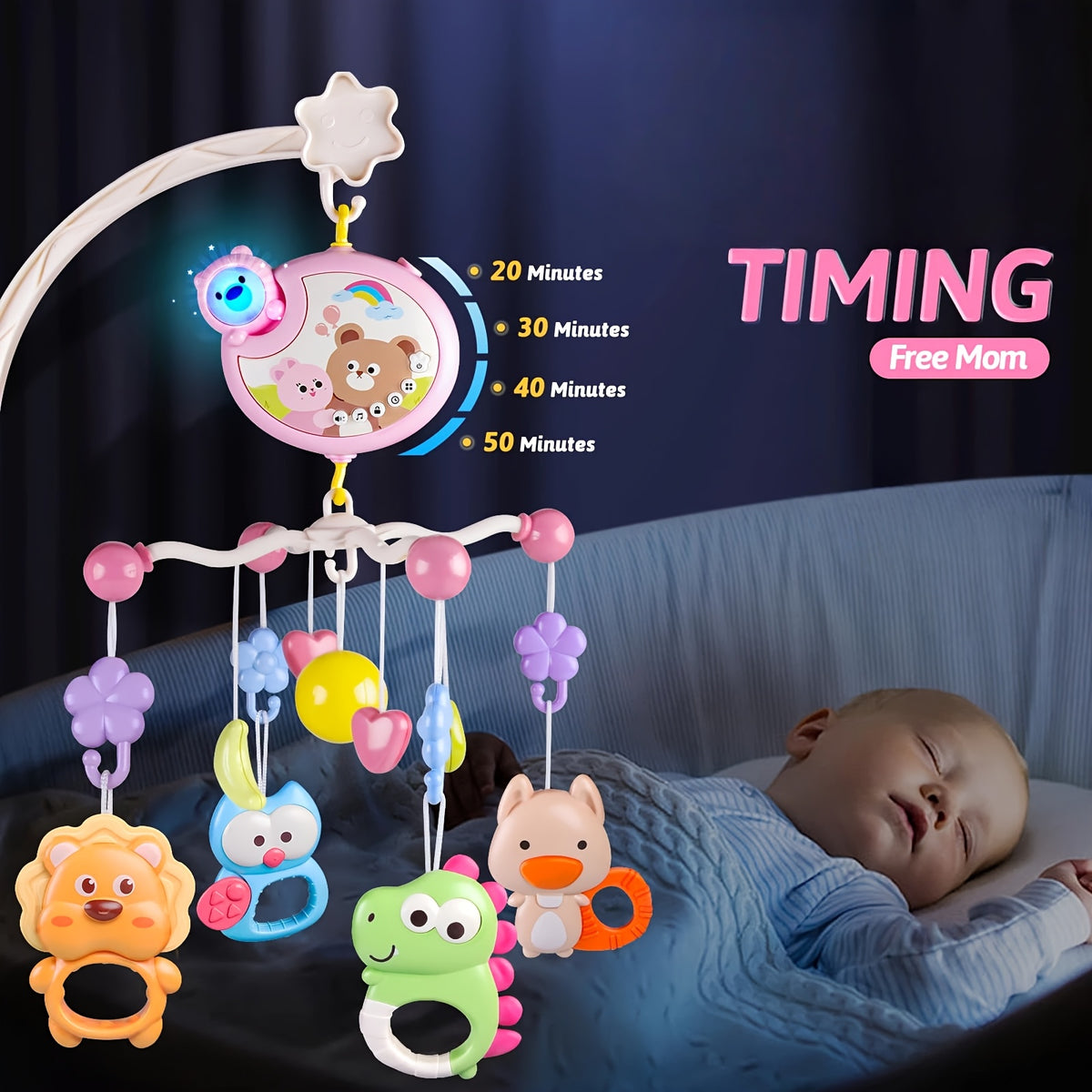 Musical Crib Mobile with Projection and Lights, Pink Hanging Nursery Mobile for Baby Cribs and Bassinets, Soothing Visual and Sound Features for Infants
