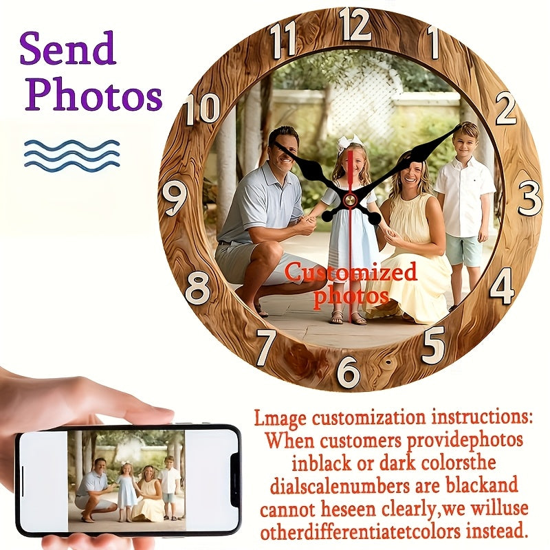Silent Personalized Photo Nursery Clock with Custom Printed Design, Round 2D Battery-Operated Wall Decor for Baby Room or Bedroom in Two Sizes