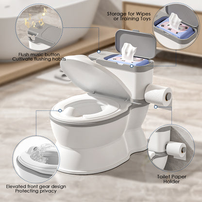 Kids Potty Chair with Flush Sound and Removable Training Seat, Toddler Toilet with Wipes Storage and Toilet Paper Holder for Boys and Girls, Grey
