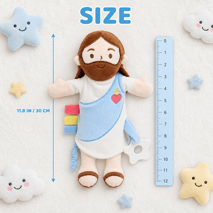 Baby Lovey with Teether, Jesus-Themed Soft Minky Velour Security Blanket with Crinkle Tags & Bell – Soothing Comfort Toy for Baby Shower, Baptism & Birthday Gifts, Girl & Boy Friendly