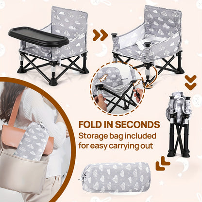 Baby Travel Dining Chair with Tray, Portable Folding Feeding Seat with Kitchen Chair Attachment Straps for Indoor Meals and Outdoor Outings
