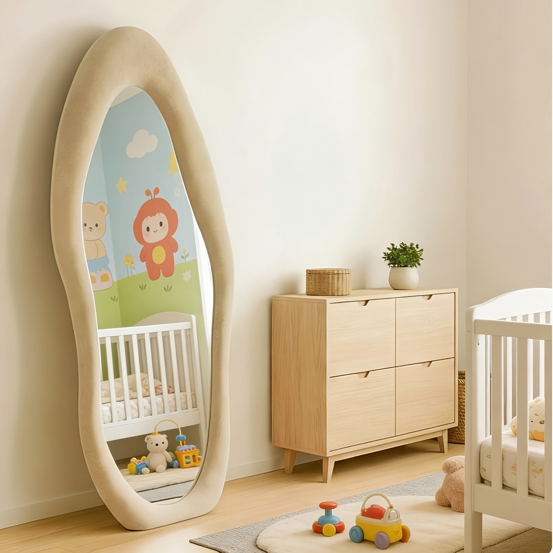 Full Length Mirror with Irregular Velvet Frame and Rounded Corners, Decorative Floor Mirror for Kids Room or Nursery in Six Colors
