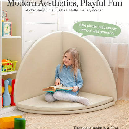 Modular Baby Play Mat in Beige with Four Foldable Foam Sections and Wipe-Clean Vegan Leather Surface for Supervised Floor Play and Nursery Corners