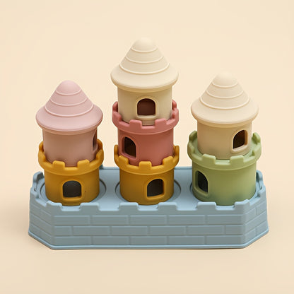 Silicone Castle Stacking Toy with Pastel Building Pieces, Soft Stacking and Nesting Set for Color and Shape Exploration and Supervised Play