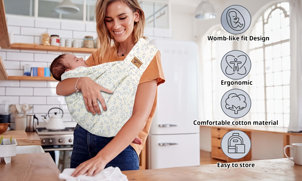 Pocketed Baby Sling Carrier for 1-24 Months, Vrbabies Lightweight Front Carry with Adjustable Shoulder Strap in Yellow Flower or Blue Porcelain