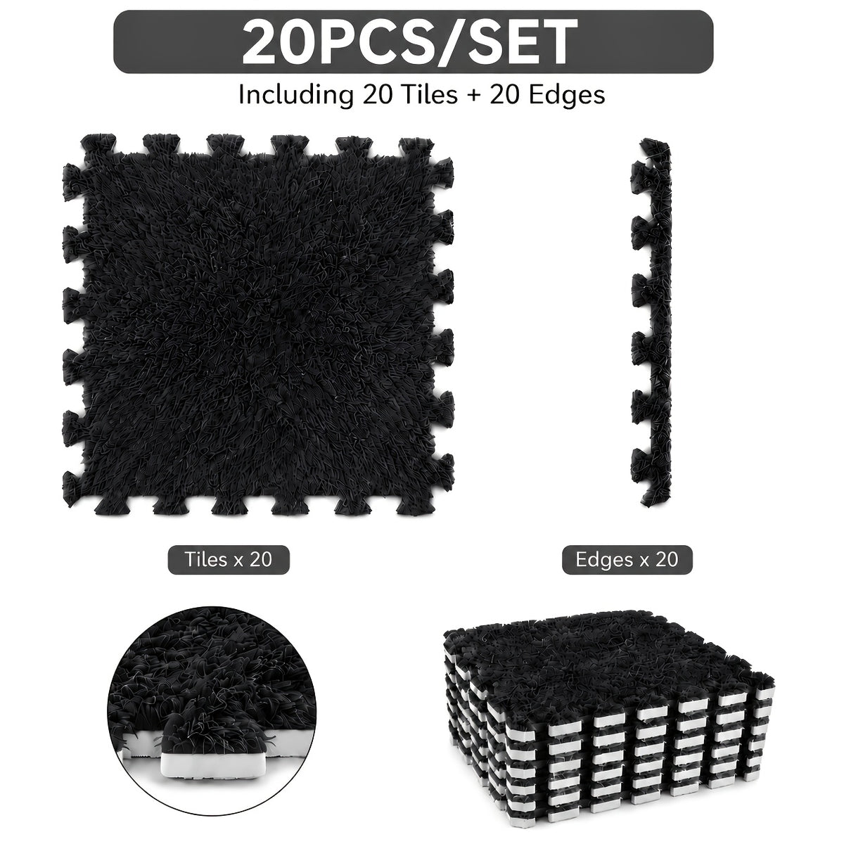 Interlocking Foam Puzzle Floor Mat Set, 20 Soft Plush Baby Tiles with 20 Edge Trims for Crawling, Nursery Play Areas, Bedrooms and Living Rooms