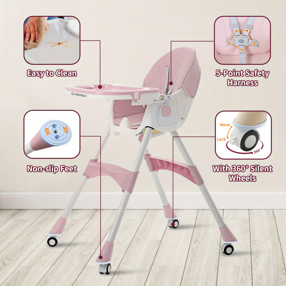 Adjustable Baby Dining Chair with Tray, Convertible Folding High Chair with Multi-Position Backrest and 5-Point Harness for Home Meals and Outings