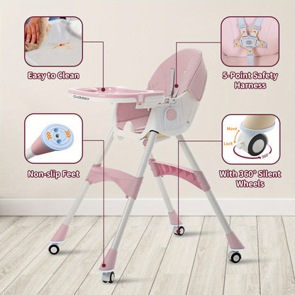 Adjustable Baby Dining Chair with Tray, Convertible Folding High Chair with Multi-Position Backrest and 5-Point Harness for Home Meals and Outings