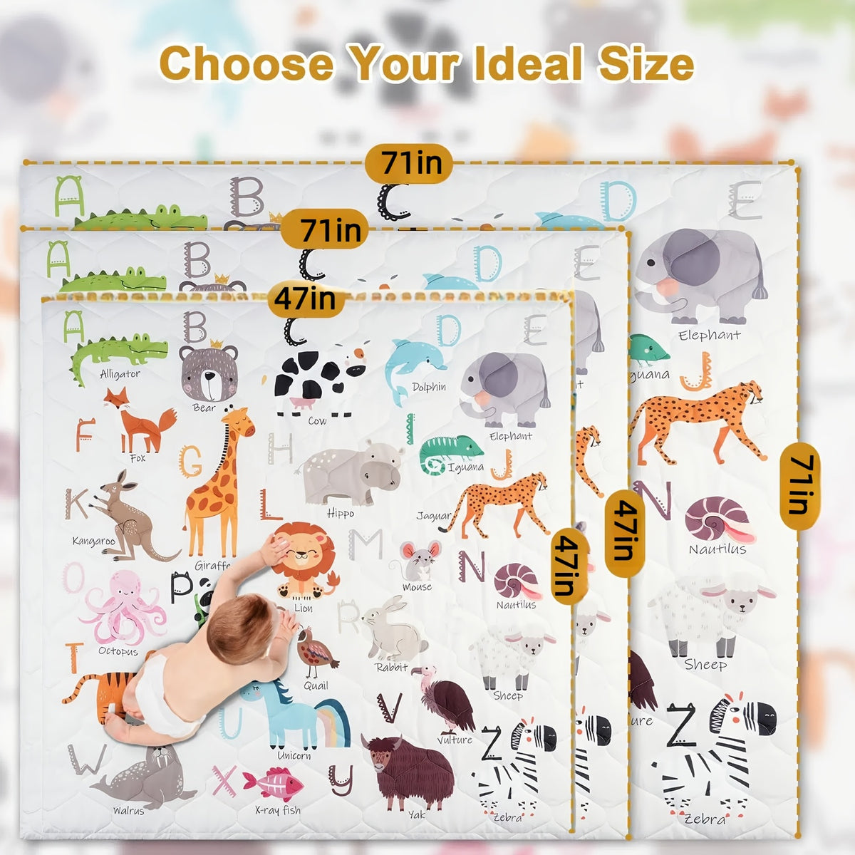 Animal Alphabet Baby Play Mat, Soft Non-Slip Foldable Crawling Floor Mat for Supervised Tummy Time, Machine Washable with Multiple Size Options