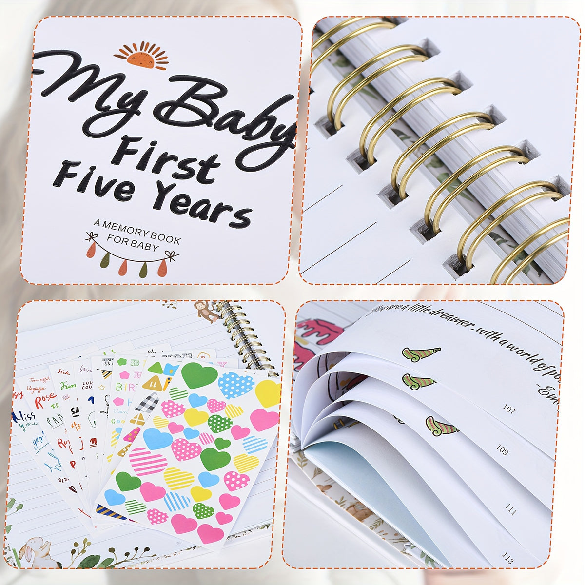 Baby Memory Book for First 5 Years, 124-Page Gender-Neutral Woodland Milestone Journal with Photo Spaces, Gold Foil Cover and Lay-Flat Binding