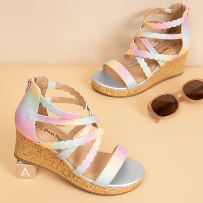 Girls Wedge Dress Sandals with Flower Detail and Shimmering Straps, Open Toe Zip-Back Party and Wedding Shoes for Little Kids and Big Kids