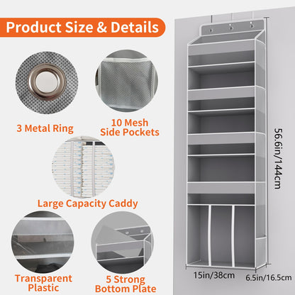 Swing-Proof Over the Door Organizer, 6-Shelf Hanging Storage with 6 Clear Front and 12 Side Pockets, Holds Up to 50LB, No-Drill Behind Door Storage for Nursery, Closet, Bedroom and Bathroom