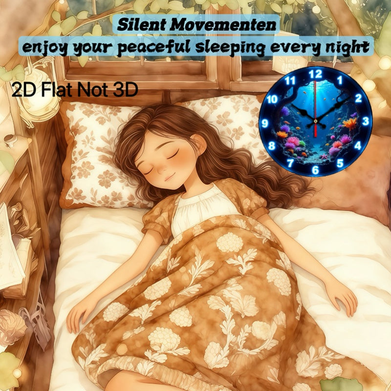 Underwater Nursery Wall Clock 10 Inch with Glow-in-the-Dark Fish and Coral Print, Silent Round 2D Flat Clock for Ocean-Themed Room Decor