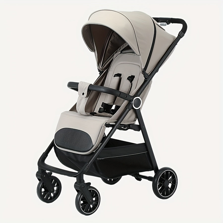 Compact Folding Baby Stroller with Reclining Seat, Canopy and Under-Seat Storage Basket, Black or Khaki Travel Pushchair for Family Outings