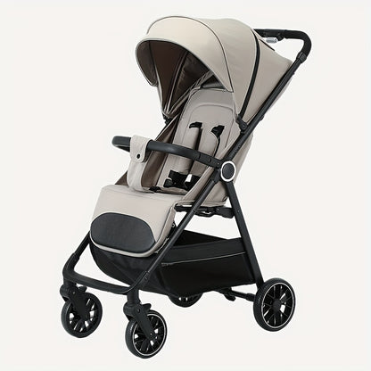 Compact Folding Baby Stroller with Reclining Seat, Canopy and Under-Seat Storage Basket, Black or Khaki Travel Pushchair for Family Outings