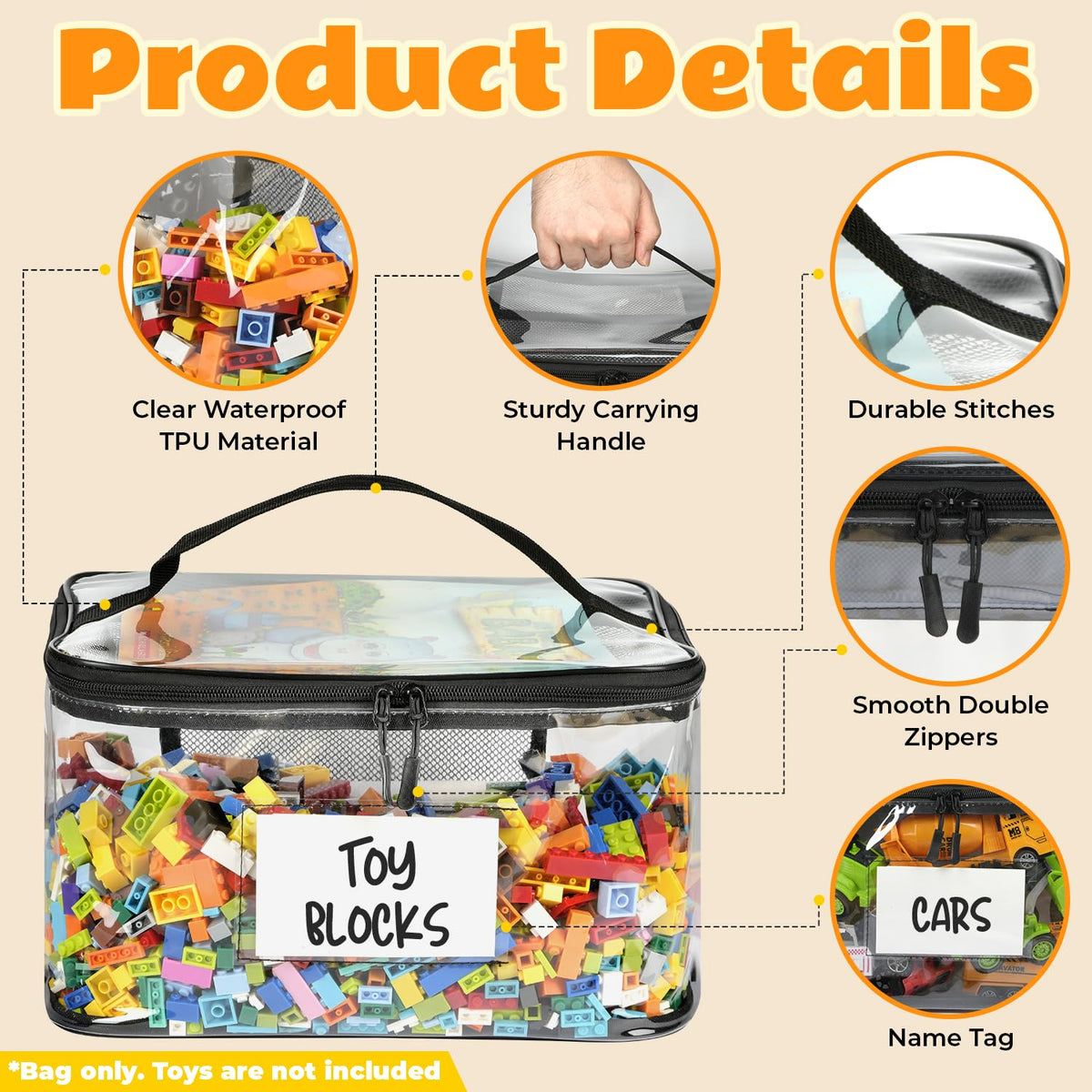 Clear Toy Storage Bags 6-Pack with Zippers and Labels, Reusable TPU Organizers for Building Blocks, Puzzles, Dolls and Board Games at Home or Away