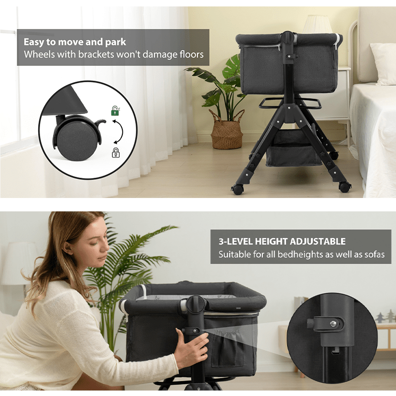Bedside Bassinet with Lockable Wheels, Height-Adjustable 3-in-1 Crib-Side Infant Sleeper with Mosquito Net and Storage Bag, Dark Gray
