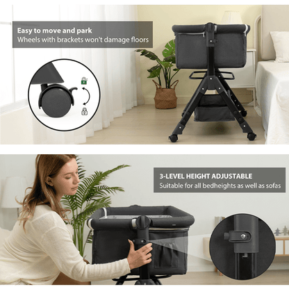 Bedside Bassinet with Lockable Wheels, Height-Adjustable 3-in-1 Crib-Side Infant Sleeper with Mosquito Net and Storage Bag, Dark Gray