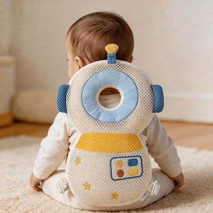 Plush Baby Head Cushion Backpack with Astronaut, Pink Rabbit or Brown Bear Design, Adjustable Straps for Supervised Crawling and First Steps