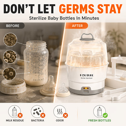 One-Button Baby Bottle Steam Sterilizer, BPA-Free White Countertop Sanitizer with Accessory Rack and Auto Shut-Off for Compatible Feeding Parts