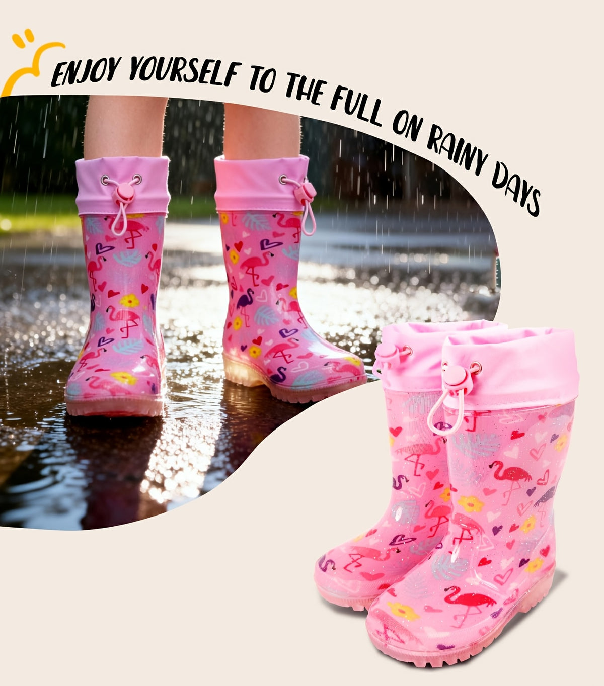 Pink Flamingo Rain Boots for Kids with Drawstring Cuffs, Soft Easy-Clean Design for Rainy-Day Outings, Toddler, Little Kid & Big Kid Sizes