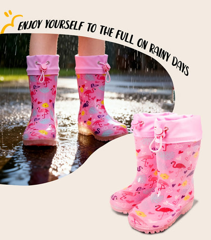 Pink Flamingo Rain Boots for Kids with Drawstring Cuffs, Soft Easy-Clean Design for Rainy-Day Outings, Toddler, Little Kid & Big Kid Sizes