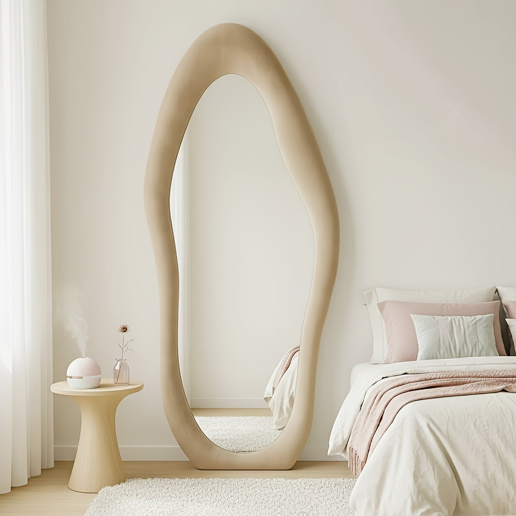 Full Length Mirror with Irregular Velvet Frame and Rounded Corners, Decorative Floor Mirror for Kids Room or Nursery in Six Colors