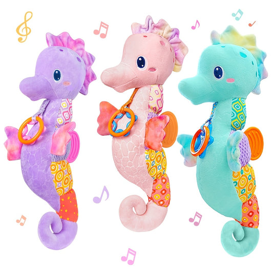 Infant Sensory Plush Toy for 0-6 Months, Soft Stuffed Animal with Crinkle Sounds, Rattle and Multiple Textures, Colorful Baby Gift for Tummy Time Play