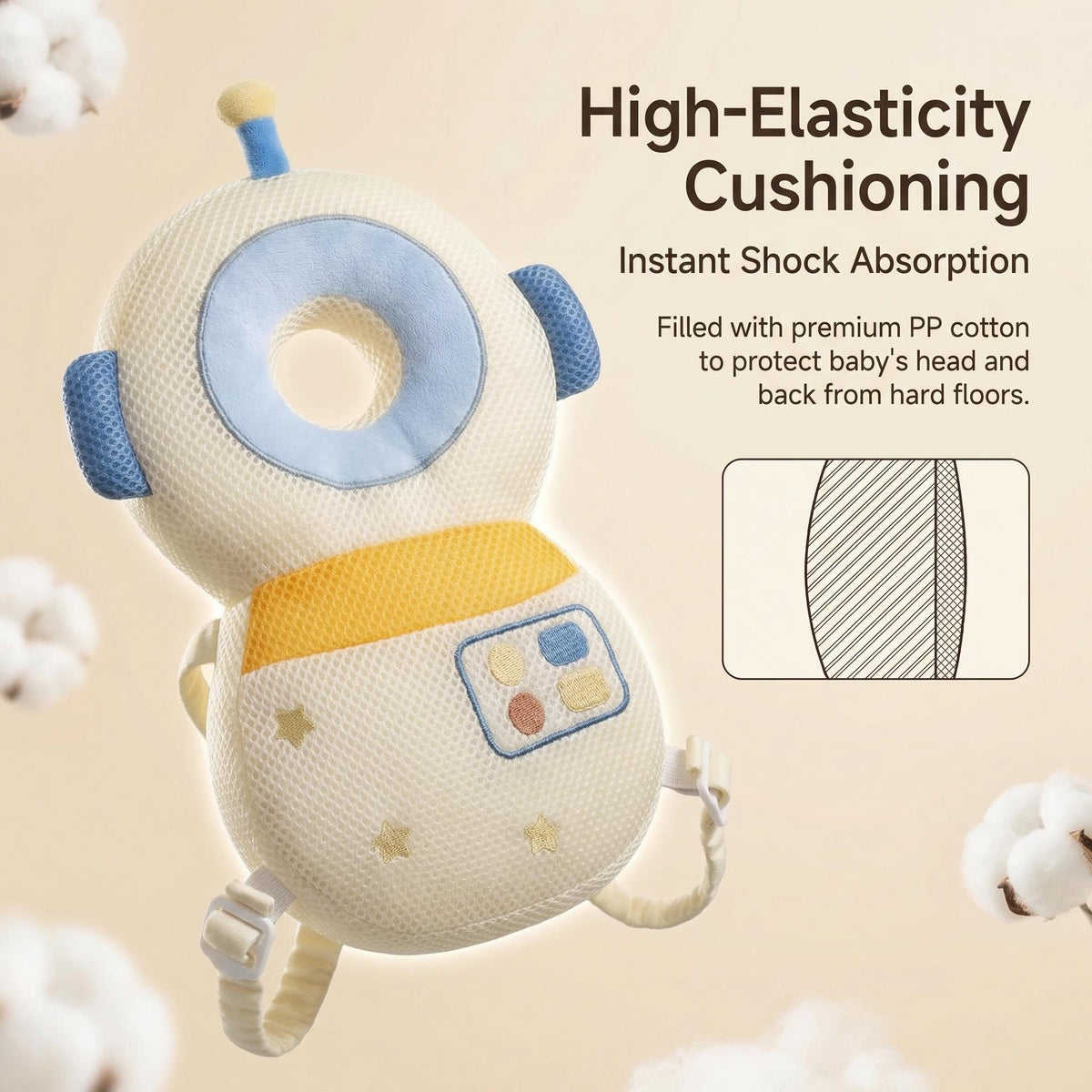 Plush Baby Head Cushion Backpack with Astronaut, Pink Rabbit or Brown Bear Design, Adjustable Straps for Supervised Crawling and First Steps