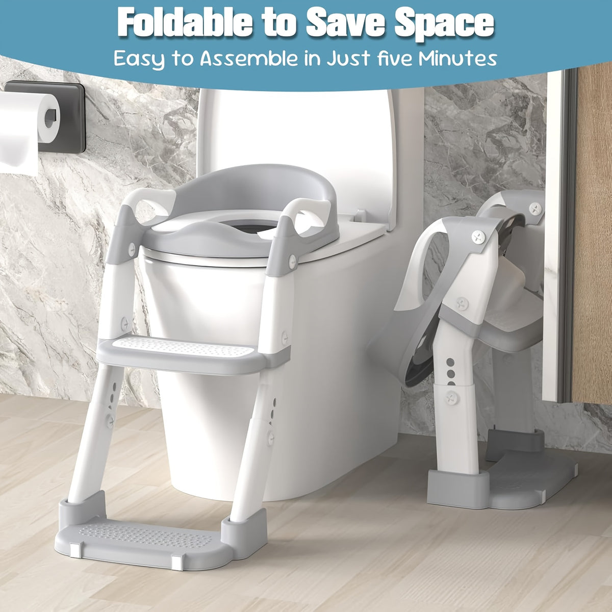 Toddler Potty Seat with Safety Harness, 3-in-1 Foldable Portable Toilet Trainer and Adjustable Step Stool for Boys and Girls