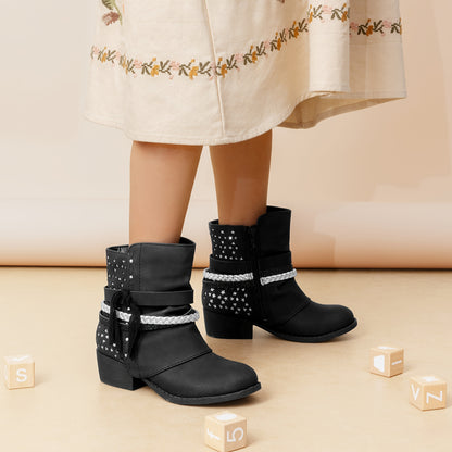 Plaid Side-Zip Ankle Boots for Girls - Stylish Low Heel Boots with Warm Lining, Non-Slip Outsole, Easy On and Off for Little Kid & Big Kid, Perfect for Fall and Winter