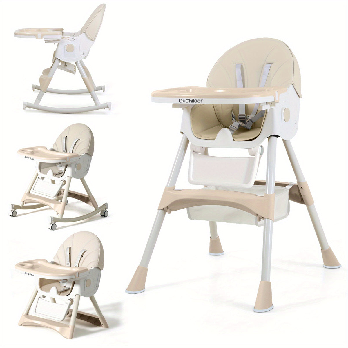Adjustable Baby Dining Chair with Tray, Convertible Folding High Chair with Multi-Position Backrest and 5-Point Harness for Home Meals and Outings