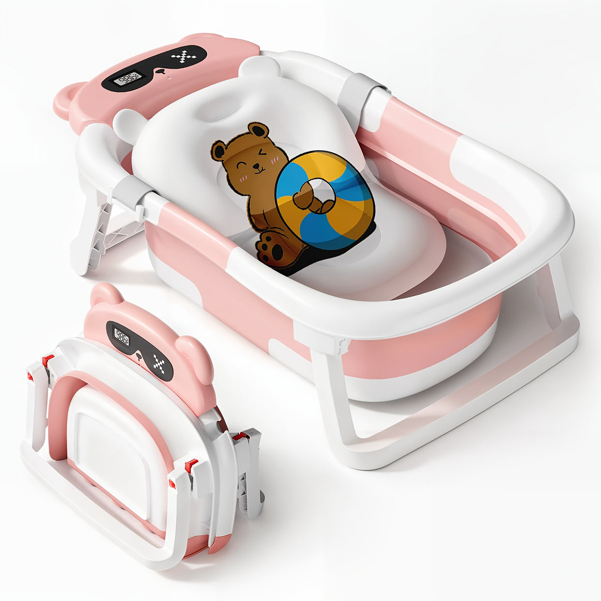 Folding Infant Bath Tub with Soft Cushion and Thermometer, Non-Slip Collapsible Baby Bathtub for Supervised Newborn-to-Toddler Bathing at Home or Travel