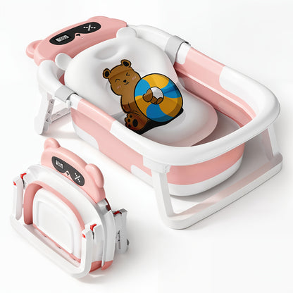 Folding Infant Bath Tub with Soft Cushion and Thermometer, Non-Slip Collapsible Baby Bathtub for Supervised Newborn-to-Toddler Bathing at Home or Travel