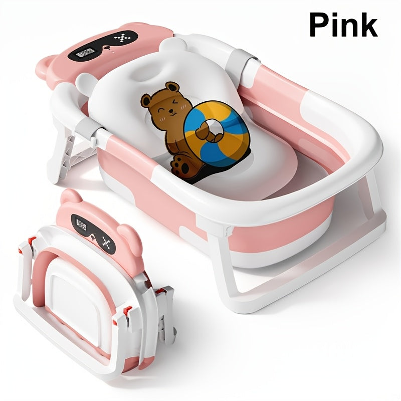 Dinosaur Baby Bath Tub with Soft Bath Net, Foldable Infant-to-Toddler Bathtub with Non-Slip Feet for Bath Time at Home or Travel
