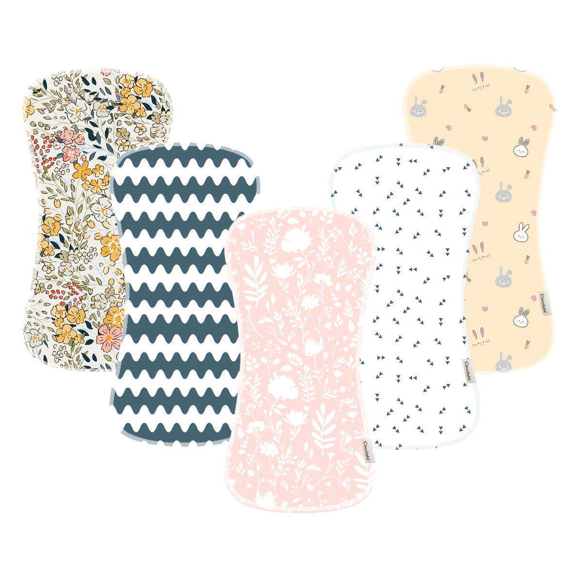 Contoured Burp Cloths 5-Pack for Newborn Feeding, Soft Absorbent Shoulder Burp Rags with Printed Pink, Blue and Mixed Color Style Options