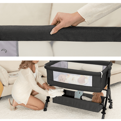 Bedside Bassinet with Lockable Wheels, Height-Adjustable 3-in-1 Crib-Side Infant Sleeper with Mosquito Net and Storage Bag, Dark Gray