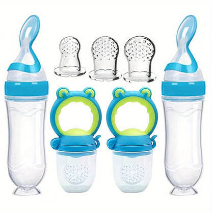 Baby Food Feeder Set, 7-Piece Silicone Squeeze Spoon Bottles and Fresh Fruit Feeders with Three Nipple Sizes for Everyday Complementary Feeding
