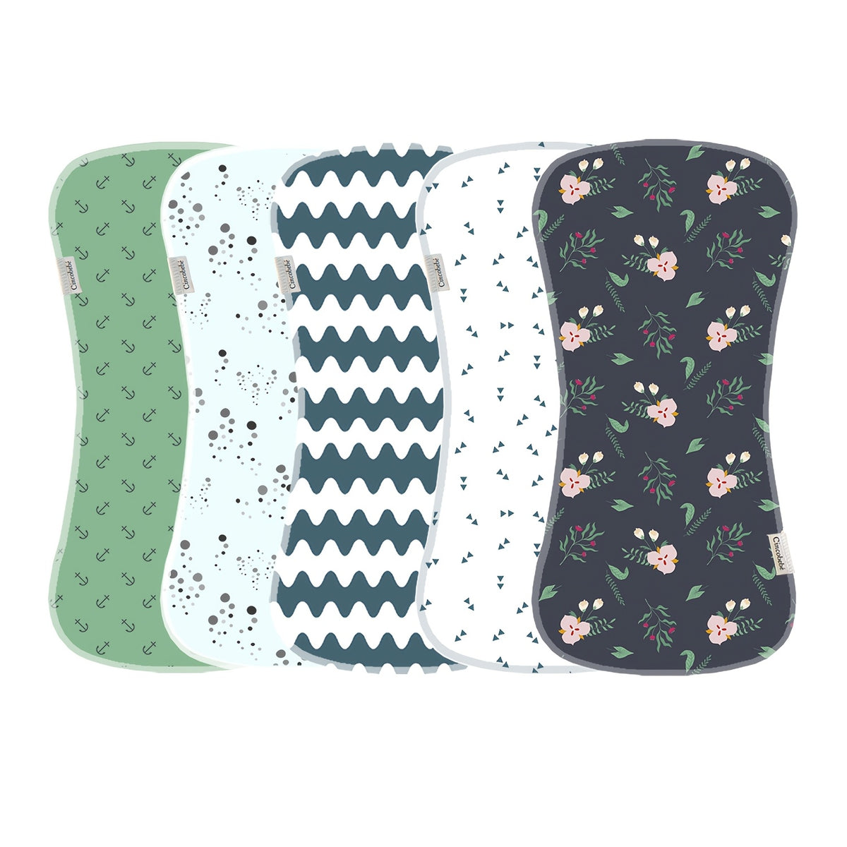 Contoured Burp Cloths 5-Pack for Newborn Feeding, Soft Absorbent Shoulder Burp Rags with Printed Pink, Blue and Mixed Color Style Options